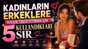Romantik bir gece ortamında birbirine bakan kadın ve erkek, yüzük kutusu, çiçekler, kalp simgeleri ve büyük başlık yazılarıyla hazırlanmış evlilik teklifi temalı kapak tasarımı.
