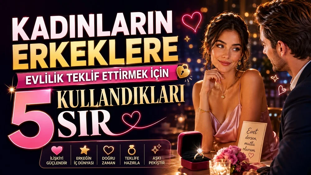 Romantik bir gece ortamında birbirine bakan kadın ve erkek, yüzük kutusu, çiçekler, kalp simgeleri ve büyük başlık yazılarıyla hazırlanmış evlilik teklifi temalı kapak tasarımı.