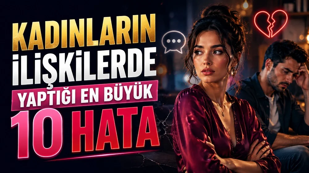 Kırgın görünen kadın ve arka planda üzgün erkek figürü, kırık kalp simgesi ve büyük başlık yazılarıyla hazırlanmış ilişkilerde yapılan hatalar temalı kapak tasarımı.