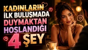 Romantik bir ortamda gülümseyerek karşısındaki kişiye bakan genç kadın, kalp simgeleri ve büyük başlık yazılarıyla hazırlanmış ilk buluşma temalı kapak tasarımı.