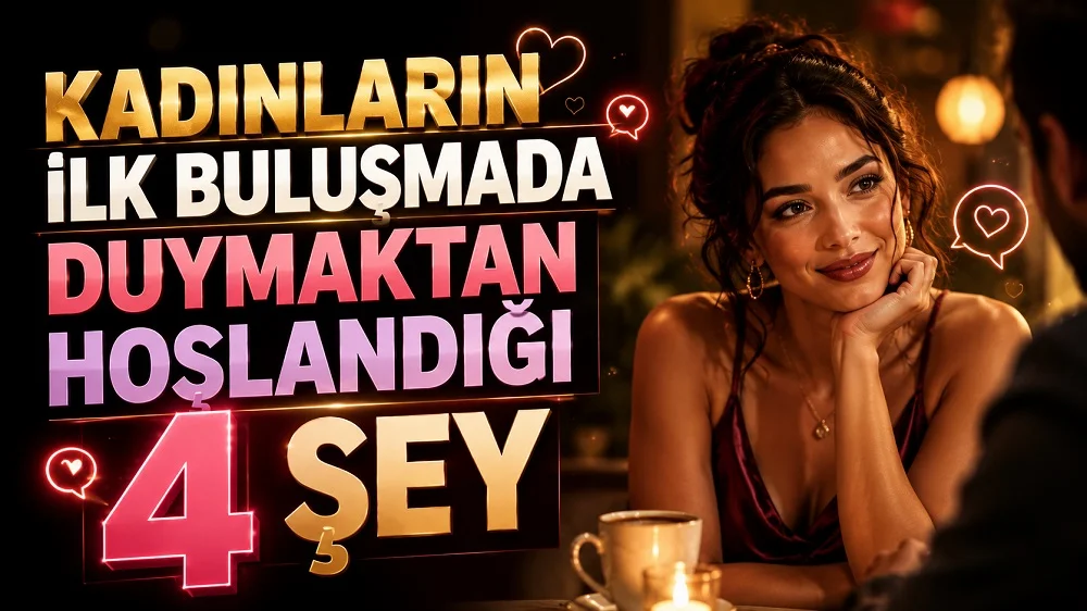 Romantik bir ortamda gülümseyerek karşısındaki kişiye bakan genç kadın, kalp simgeleri ve büyük başlık yazılarıyla hazırlanmış ilk buluşma temalı kapak tasarımı.