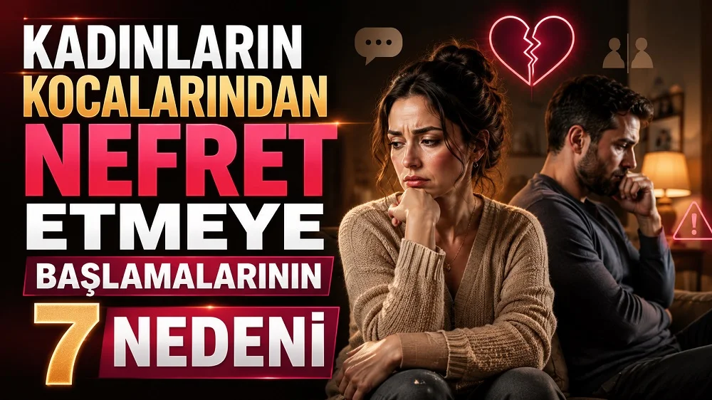 Sıcak ama gergin bir ev ortamında birbirinden uzak duran mutsuz çift, kırık kalp ve uyarı simgeleriyle hazırlanmış evlilikte kırgınlık ve nefret nedenleri temalı kapak tasarımı.