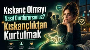 Koyu yeşil tonlarda düşünceli kadın figürü, kırık kalp, ilişki siluetleri, lotus ve güven simgeleriyle hazırlanmış kıskançlıktan kurtulma temalı kapak tasarımı.