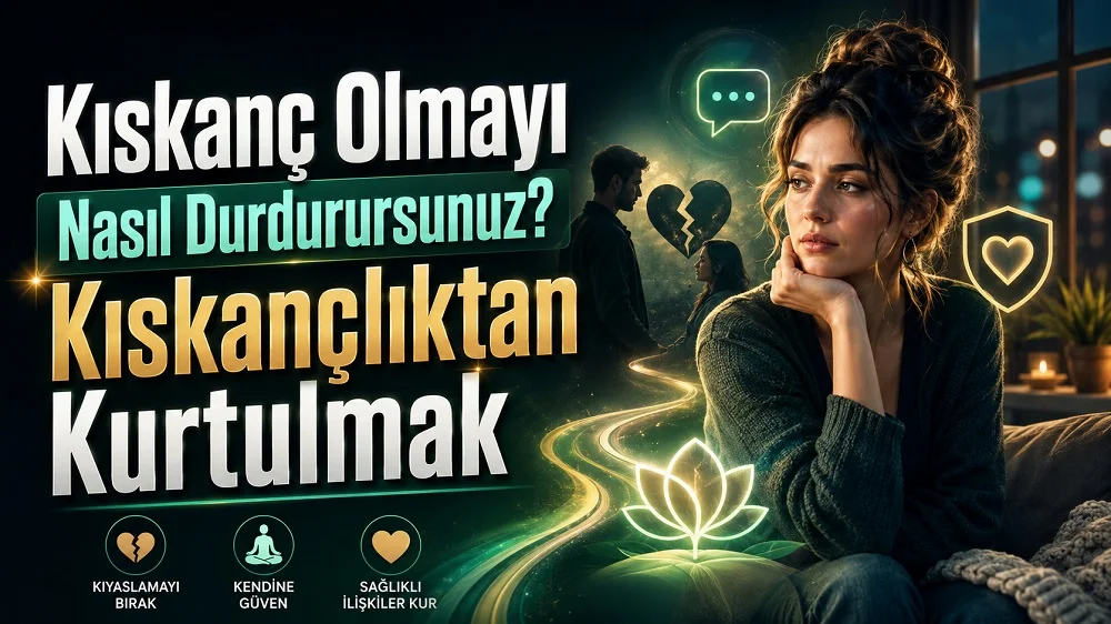 Koyu yeşil tonlarda düşünceli kadın figürü, kırık kalp, ilişki siluetleri, lotus ve güven simgeleriyle hazırlanmış kıskançlıktan kurtulma temalı kapak tasarımı.
