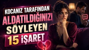Endişeli bir kadın ve telefonuna bakan mesafeli erkek figürü, kırık kalp ve mesaj simgeleriyle hazırlanmış aldatılma işaretleri temalı kapak tasarımı.