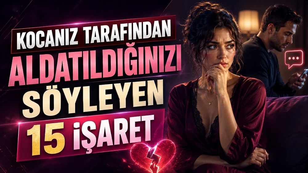 Endişeli bir kadın ve telefonuna bakan mesafeli erkek figürü, kırık kalp ve mesaj simgeleriyle hazırlanmış aldatılma işaretleri temalı kapak tasarımı.