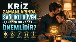 Sıcak bir ev ortamında birbirine sarılarak destek olan çift, koruma kalkanı, kalp ve güven simgeleriyle hazırlanmış kriz zamanlarında sağlıklı güven temalı kapak tasarımı.