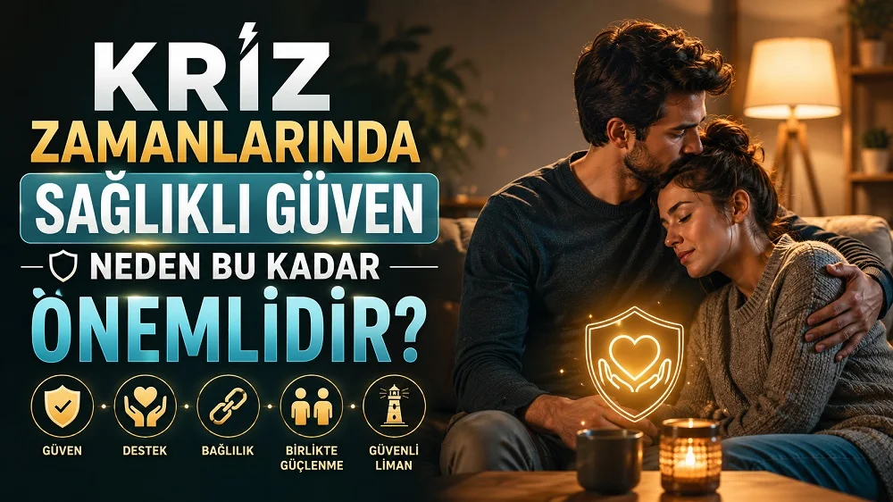 Sıcak bir ev ortamında birbirine sarılarak destek olan çift, koruma kalkanı, kalp ve güven simgeleriyle hazırlanmış kriz zamanlarında sağlıklı güven temalı kapak tasarımı.