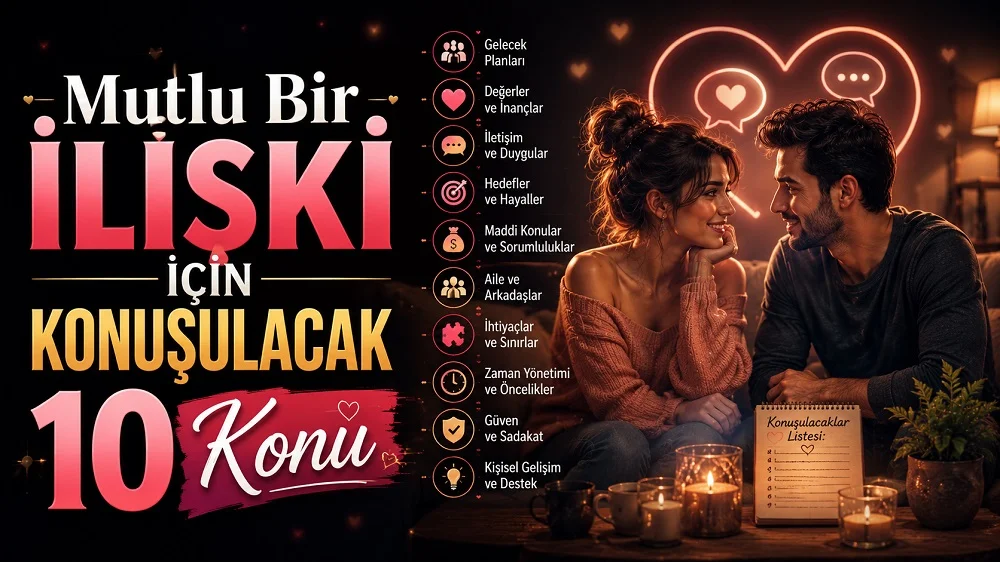 Mutlu Bir İlişki İçin Konuşulacak 10 Konu başlıklı, romantik çift figürlü, konuşma balonu, kalp ikonları ve ilişki konuları listesi bulunan modern ilişki kapak görseli.