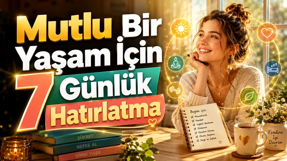 Güneşli bir odada gülümseyen kadın, not defteri, kitaplar, fincan ve sağlıklı yaşam simgeleriyle hazırlanmış mutlu yaşam için günlük hatırlatmalar temalı kapak tasarımı.