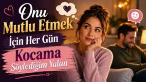 Sıcak bir ev ortamında düşünceli şekilde bakan kadın ve arka planda gülümseyen erkek figürüyle hazırlanmış, evlilikte sevgi ve küçük sırlar temalı kapak tasarımı.