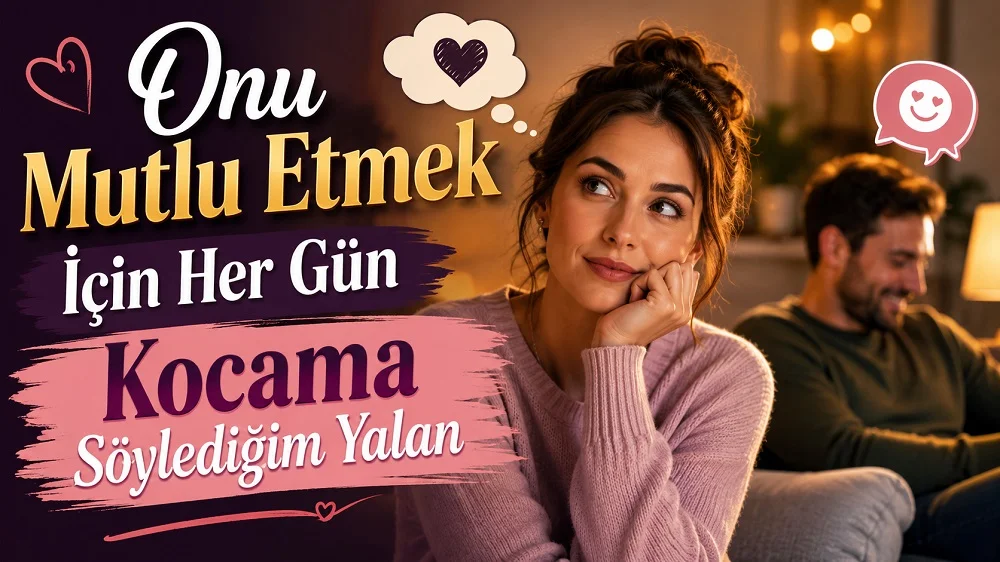 Sıcak bir ev ortamında düşünceli şekilde bakan kadın ve arka planda gülümseyen erkek figürüyle hazırlanmış, evlilikte sevgi ve küçük sırlar temalı kapak tasarımı.