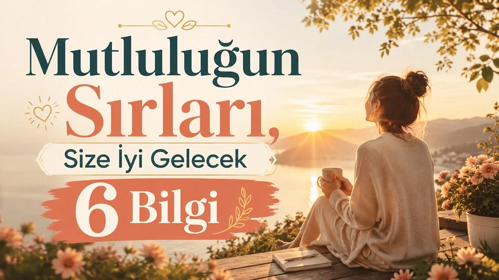 Gün doğumunda deniz manzarasına karşı kahvesini tutarak oturan kadın ve “Mutluluğun Sırları, Size İyi Gelecek 6 Bilgi” başlıklı huzurlu kapak tasarımı.