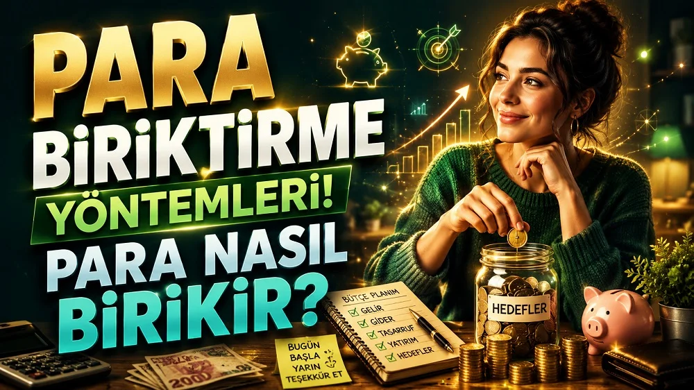 Masada kavanoza para atan genç kadın, kumbara, bozuk paralar, bütçe notları ve büyük başlık yazılarıyla hazırlanmış para biriktirme temalı kapak tasarımı.