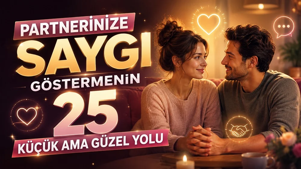 Sıcak bir ev ortamında birbirine sevgiyle bakan ve ellerini tutan çift, kalp ve saygı simgeleriyle hazırlanmış partnerine saygı gösterme temalı kapak tasarımı.