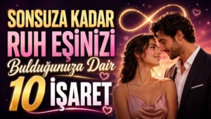 Sonsuza Kadar Ruh Eşinizi Bulduğunuza Dair 10 İşaret başlıklı, romantik çift figürlü, sonsuzluk sembolü ve kalp detayları bulunan pembe, altın ve mor tonlarında modern aşk kapak tasarımı.