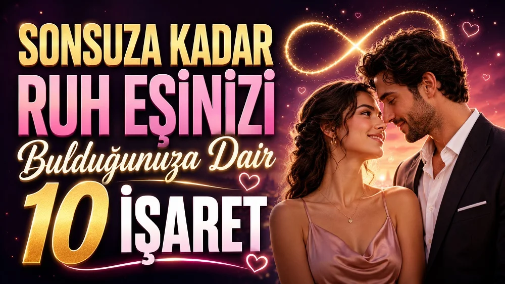 Sonsuza Kadar Ruh Eşinizi Bulduğunuza Dair 10 İşaret başlıklı, romantik çift figürlü, sonsuzluk sembolü ve kalp detayları bulunan pembe, altın ve mor tonlarında modern aşk kapak tasarımı.