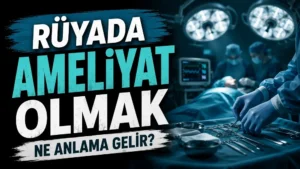 Sol tarafta “Rüyada Ameliyat Olmak Ne Anlama Gelir?” yazısı bulunan, sağ tarafta ameliyathane ortamı, cerrahi ışıklar, tıbbi ekipmanlar ve ameliyat hazırlığını çağrıştıran mavi tonlu kapak tasarımı.