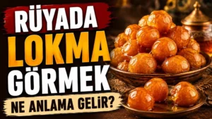 Sol tarafta “Rüyada Lokma Görmek Ne Anlama Gelir?” yazısı bulunan, sağ tarafta şerbetli lokma tatlılarının tabak ve kase içinde sunulduğu sıcak altın tonlu kapak tasarımı.