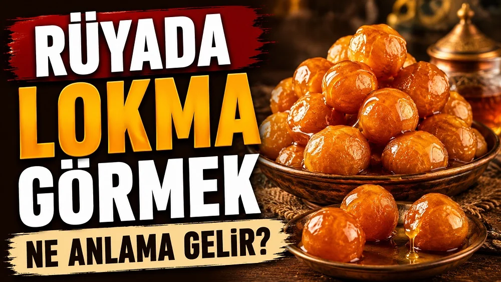 Sol tarafta “Rüyada Lokma Görmek Ne Anlama Gelir?” yazısı bulunan, sağ tarafta şerbetli lokma tatlılarının tabak ve kase içinde sunulduğu sıcak altın tonlu kapak tasarımı.