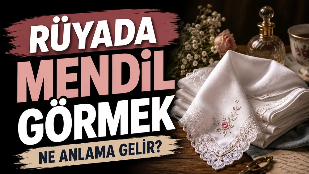 Sol tarafta “Rüyada Mendil Görmek Ne Anlama Gelir?” yazısı bulunan, sağ tarafta dantel işlemeli beyaz mendiller, çiçekler, parfüm şişesi ve nostaljik masa detaylarının yer aldığı zarif kapak tasarımı.