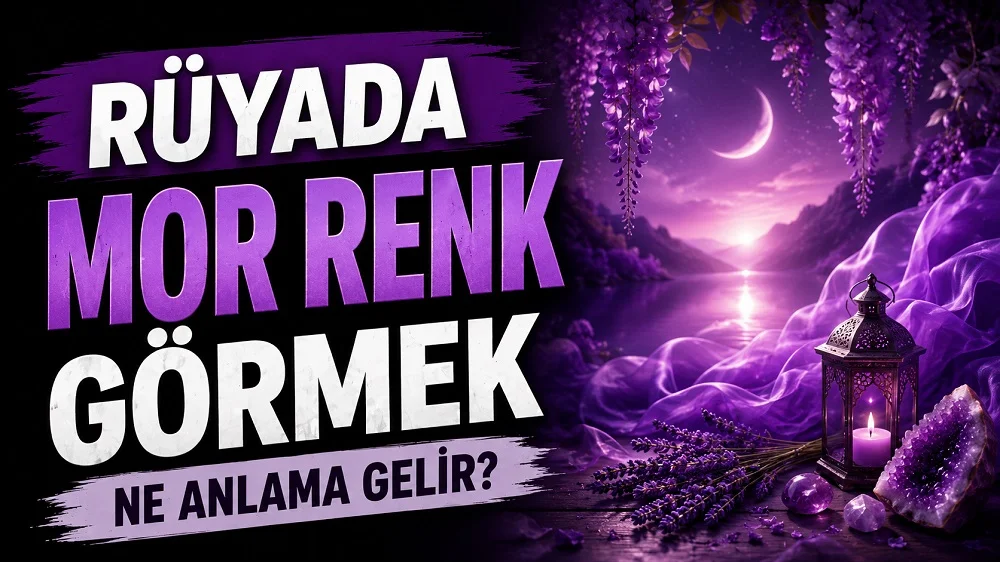 Sol tarafta “Rüyada Mor Renk Görmek Ne Anlama Gelir?” yazısı bulunan, sağ tarafta mor tonlarda ay ışıklı manzara, lavanta, fener ve kristal detaylarının yer aldığı mistik kapak tasarımı.