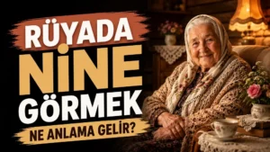 Sol tarafta “Rüyada Nine Görmek Ne Anlama Gelir?” yazısı bulunan, sağ tarafta sıcak bir ev ortamında başörtülü, güler yüzlü yaşlı bir kadın, çay fincanı ve çiçek detaylarının yer aldığı nostaljik kapak tasarımı.