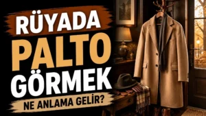 Sol tarafta “Rüyada Palto Görmek Ne Anlama Gelir?” yazısı bulunan, sağ tarafta sıcak ışıklı bir ev girişinde askıda duran camel renkli palto, atkı, şapka, eldiven ve kışlık aksesuarların yer aldığı kapak tasarımı.