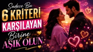 Gün batımı fonunda birbirine sevgiyle bakan bir çift, kalp ışıkları ve büyük başlık yazılarıyla hazırlanmış aşk ve ilişki seçimi temalı kapak tasarımı.