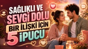 Gün batımı atmosferinde birbirine sevgiyle bakan mutlu çift, kalp, iletişim ve güven simgeleriyle hazırlanmış sağlıklı ve sevgi dolu ilişki temalı kapak tasarımı.