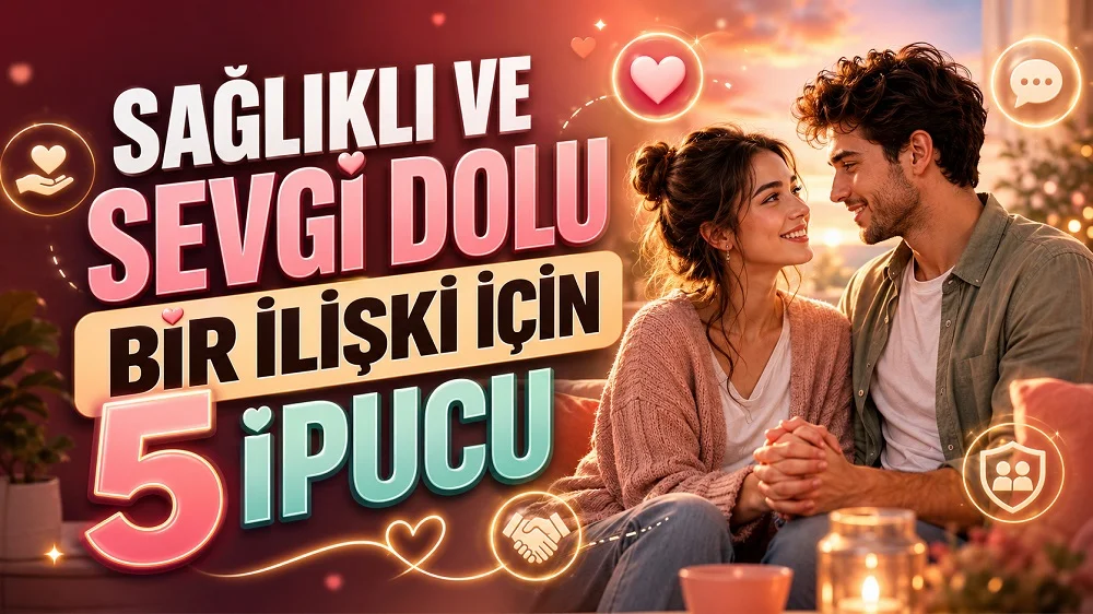 Gün batımı atmosferinde birbirine sevgiyle bakan mutlu çift, kalp, iletişim ve güven simgeleriyle hazırlanmış sağlıklı ve sevgi dolu ilişki temalı kapak tasarımı.