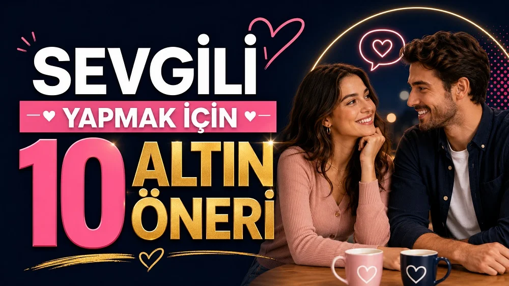 Sevgili Yapmak İçin 10 Altın Öneri başlıklı, kafede karşılıklı gülümseyen kadın ve erkek figürlü, kalp ikonları ve pembe altın tonlarında hazırlanmış modern ilişki kapak tasarımı.