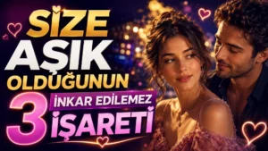 Gece ışıkları önünde birbirine yakın duran romantik çift, kalp simgeleri ve büyük başlık yazılarıyla hazırlanmış aşk belirtileri temalı kapak tasarımı.