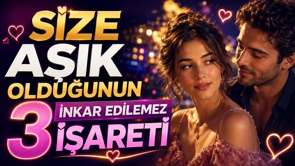 Gece ışıkları önünde birbirine yakın duran romantik çift, kalp simgeleri ve büyük başlık yazılarıyla hazırlanmış aşk belirtileri temalı kapak tasarımı.