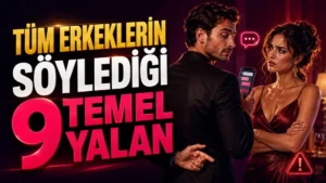 Elinde telefonla şüpheli davranan erkek ve ona güvensiz şekilde bakan kadın figürü, uyarı işareti ve büyük başlık yazılarıyla hazırlanmış ilişkilerde yalan temalı kapak tasarımı.