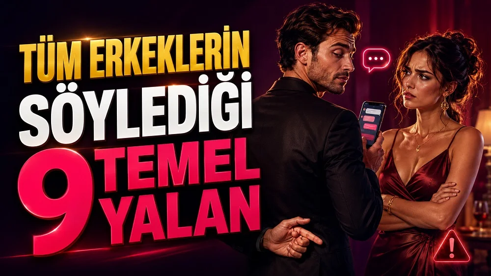 Elinde telefonla şüpheli davranan erkek ve ona güvensiz şekilde bakan kadın figürü, uyarı işareti ve büyük başlık yazılarıyla hazırlanmış ilişkilerde yalan temalı kapak tasarımı.
