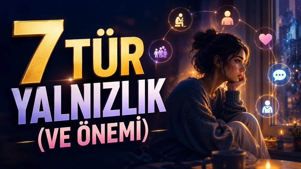 Pencere kenarında yalnız ve düşünceli şekilde oturan kadın figürü, çevresinde ilişki ve iletişim simgeleri, büyük başlık yazılarıyla hazırlanmış yalnızlık türleri temalı kapak tasarımı.