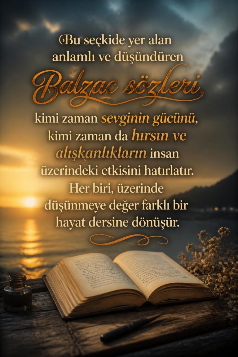 Bu seçkide yer alan anlamlı ve düşündüren Balzac sözleri, kimi zaman sevginin gücünü, kimi zaman da hırsın ve alışkanlıkların insan üzerindeki etkisini hatırlatır. Her biri, üzerinde düşünmeye değer farklı bir hayat dersine dönüşür.